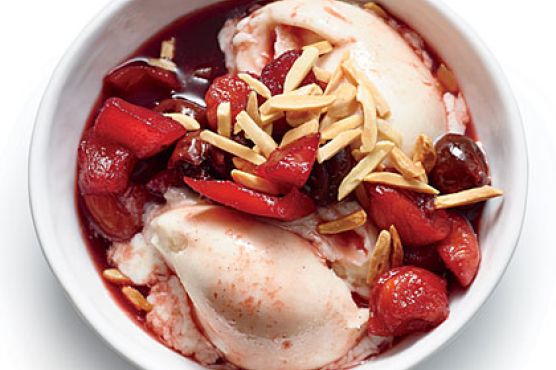 Poached Fruit over Vanilla Frozen Yogurt