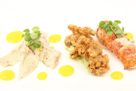 Poached Lobster Tails, and Fried Oyster with Mango and Avocado Purée