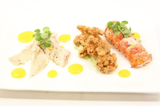 Poached Lobster Tails, and Fried Oyster with Mango and Avocado Purée