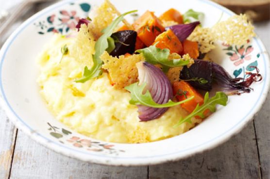 Polenta, roasted vegetables & peppered Parmesan crisps
