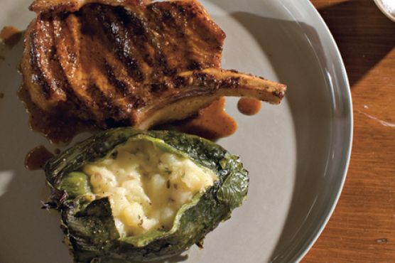 Pork Chops with Chiles Rellenos and Ancho Sauce