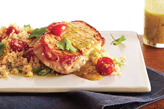 Pork over Couscous with Pistachio-Lemon Vinaigrette