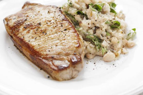 Pork with garlicky bean mash