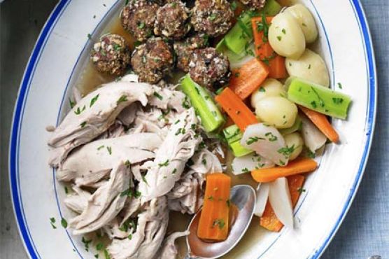 Poule au pot with stuffing balls & garlic cream