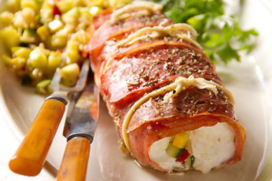 Prosciutto- Wrapped Halibut with Summer Squash