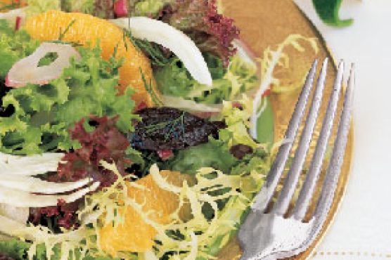 Prune, Orange, Fennel, and Red Onion Salad with Mixed Greens