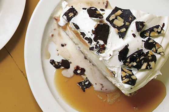 Pumpkin Ice Cream Pie with Chocolate-Almond Bark and Toffee Sauce