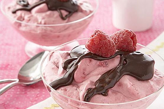 Raspberry Mousse with Quick Chocolate Sauce