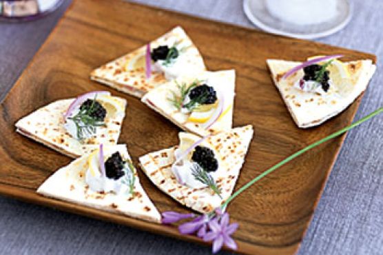 Red Onion, Sour Cream, and Caviar Quesadillas