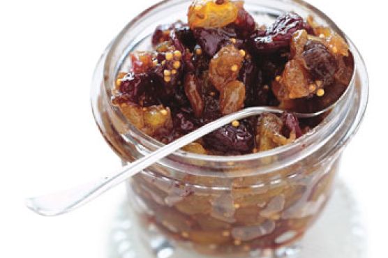 Rhubarb, Cherry, and Golden Raisin Chutney