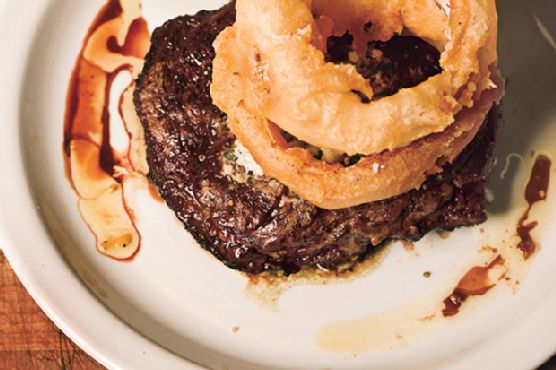 Rib-Eye Steak with Blue Cheese Butter and Walla Walla Onion Rings