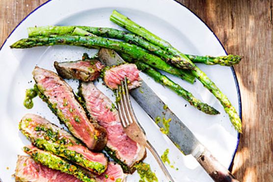 Rib-Eye Steaks with Pistachio Butter and Asparagus