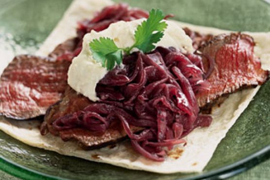 Rib-Eye Tacos with Onion Jam and Horseradish Crème Fraîche