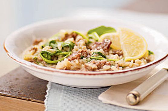 Risotto with Italian Sausage, Caramelized Onions, and Bitter Greens