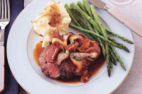 Roast Beef with Wild Mushroom Sauce and Caramelized-Shallot Mashed Potatoes
