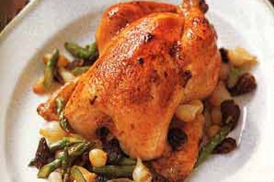Roast Chicken with Asparagus, Morel, and Pearl-Onion Ragoût