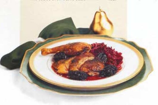 Roast Duck with Prunes and Wine-Braised Cabbage