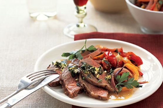 Roast Lamb with Peppers and Mint Gremolata