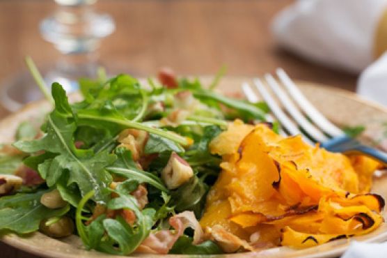 Roasted Butternut Squash Ribbons with Arugula, Pancetta, and Hazelnut Salad