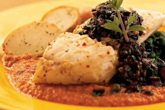 Roasted Halibut with Romesco Sauce and Olive Relish