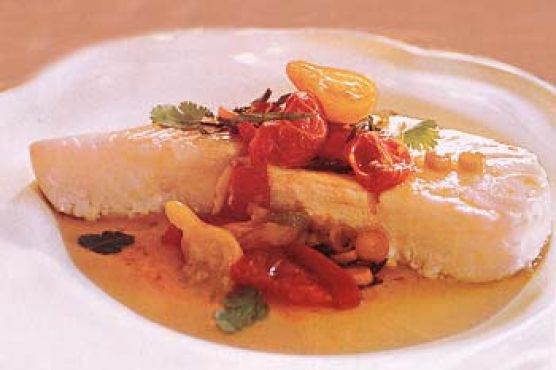 Roasted Halibut with Tomatoes, Saffron, and Cilantro