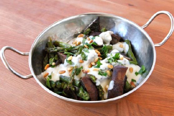 Roasted Portobellos and Asparagus with Goat Cheese Sauce