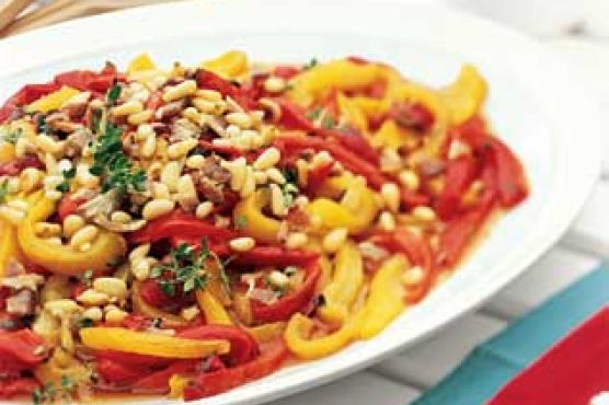 Roasted Red Pepper Salad with Bacon Dressing and Pine Nuts
