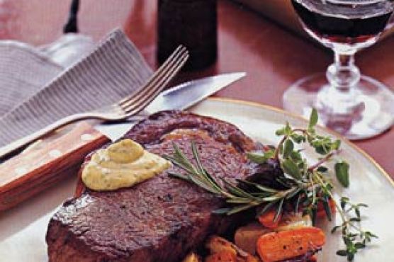 Roasted Rib-Eye Steak with Herbed Mustard Sauce and Root Vegetables