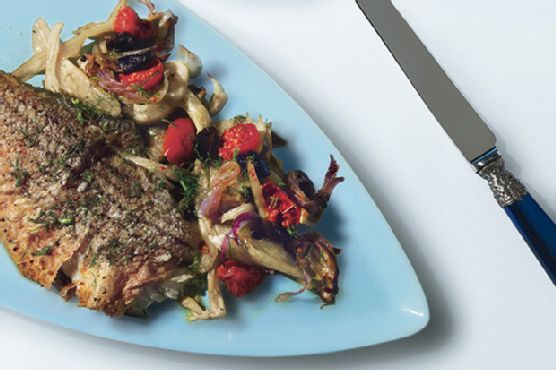 Roasted Striped Bass with Fennel, Tomatoes, and Oil-Cured Olives
