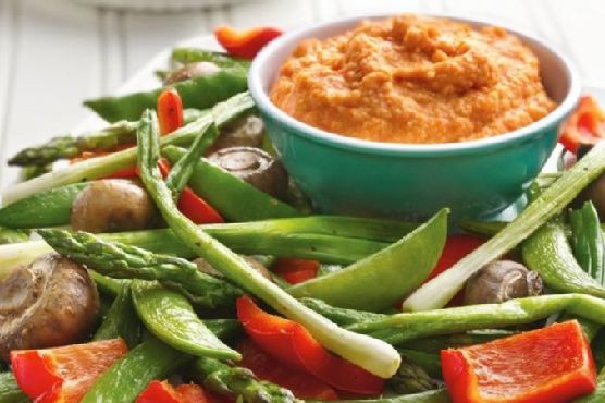 Roasted Vegetables with Roasted Pepper Hummus