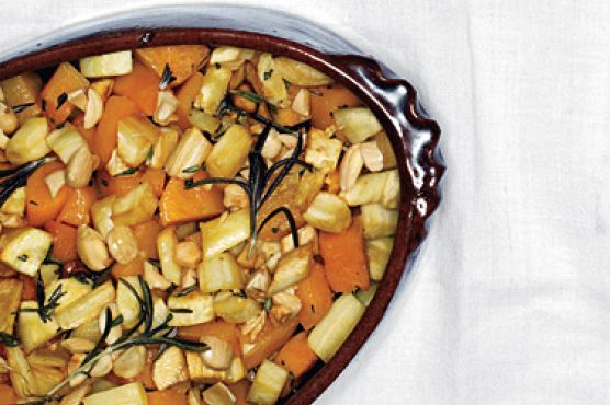 Roasted Winter Squash and Parsnips with Maple Syrup Glaze and Marcona Almonds