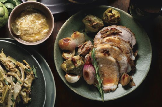 Rosemary and Mustard Pork Loin with Baby Artichokes, Shallots, and Vermouth Jus