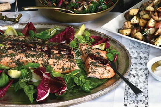 Rosemary-Rubbed Side of Salmon with Roasted Potatoes, Parsnips, and Mushrooms