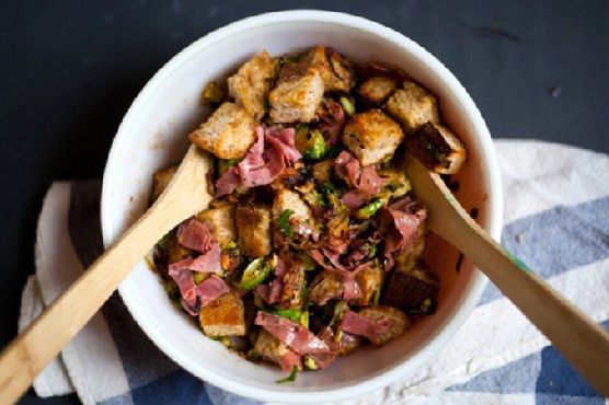 Rye Panzanella Salad with Brussels Sprouts, Pastrami and Dijon Vinaigrette