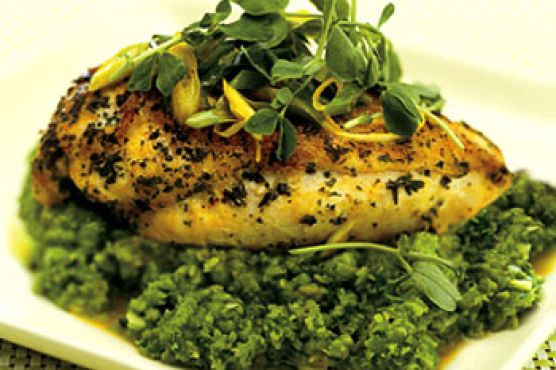 Saffron Chicken Breasts with English Pea Purée, Pea Shoots, and Mint