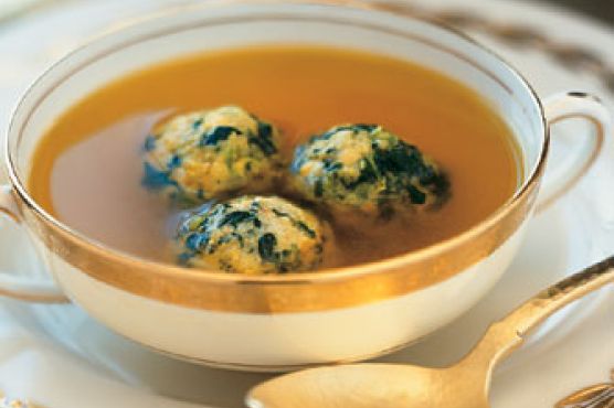 Saffron Chicken Broth with Spinach Matzo Balls