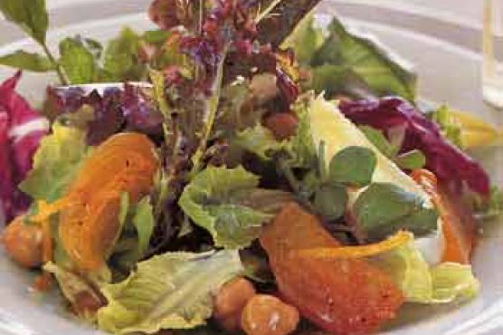 Salad of Fall Greens with Persimmons and Hazelnuts