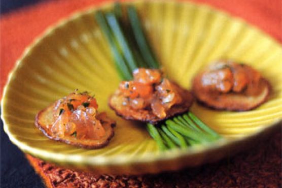 Salmon Gravlax Tartare on Crisp Potato Slices