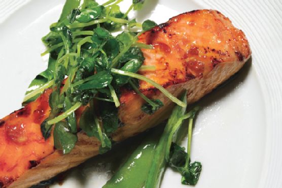 Salmon with Sweet Chili Glaze, Sugar Snap Peas, and Pea Tendrils