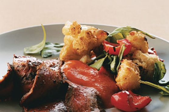 Sauteed Flank Steak with Arugula and Roasted Cauliflower and Red Peppers