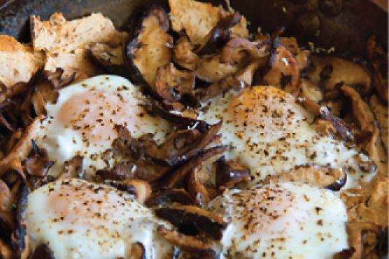 Sauteed Mushrooms with Toasted Flatbread and Baked Eggs
