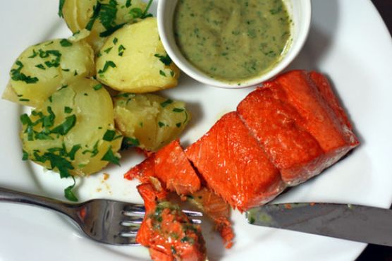 Sautéed Salmon With Potatoes and Creamy Anchovy Sauce