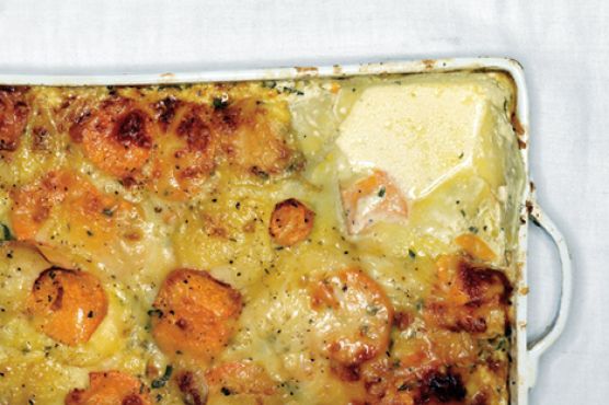 Scalloped Yukon Gold and Sweet Potato Gratin with Fresh Herbs