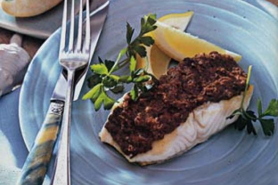 Sea Bass with Red Pepper and Olive Tapenade