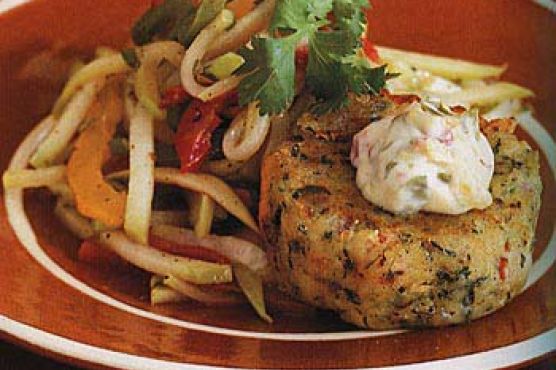 Shrimp and Sweet Potato Cakes with Chayote Slaw and Chipotle Sauce