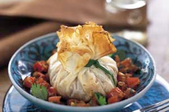 Shrimp Phyllo Purses with Tomato Chermoula Sauce