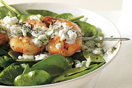 Shrimp Skewers with Tzatziki, Spinach, and Feta