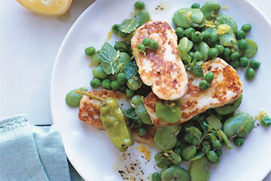 Sizzling Halloumi Cheese with Fava Beans and Mint
