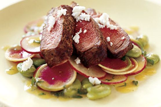 Sliced Filet Mignon with Fava Beans, Radishes, and Mustard Dressing