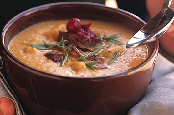 Smoked Turkey and Bacon Chowder with Pumpernickel and Cranberry Croutons